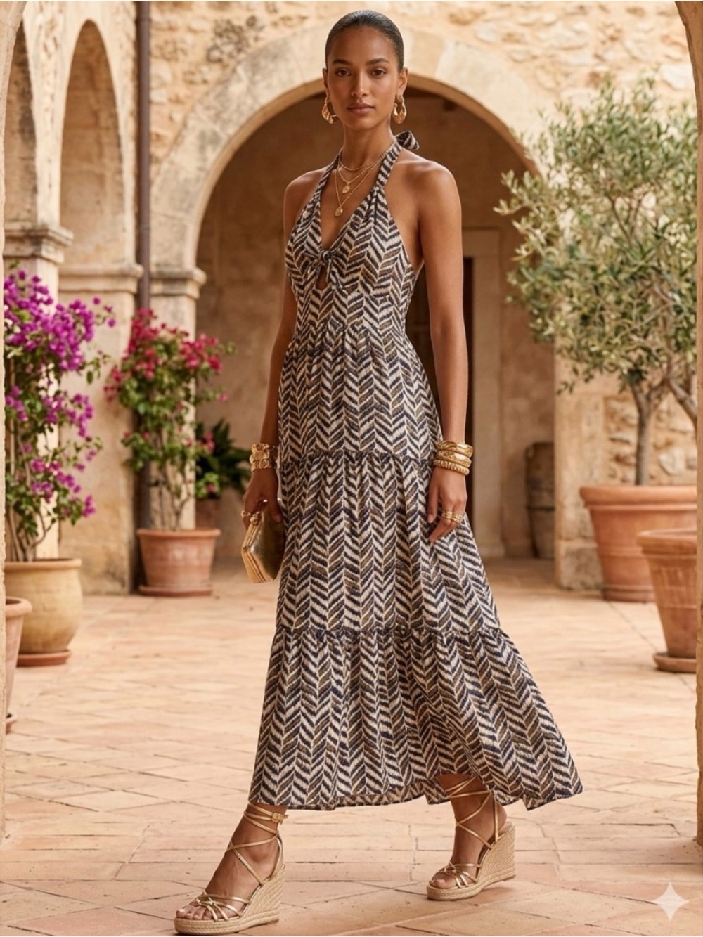 Shop 17 Boho Geometric Chevron Print Tiered Cutout Front Halter Maxi Dress S